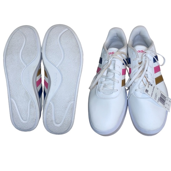Adidas Women's White Sneakers with Pink, Blue, and Gold Stripes - Picture 6 of 16